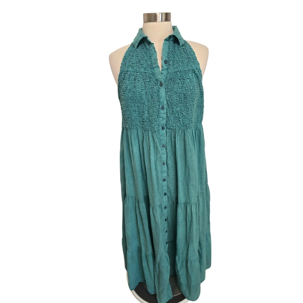 Womens Green Maxi Dress Sleeveless Smocked One Size 100% Cotton